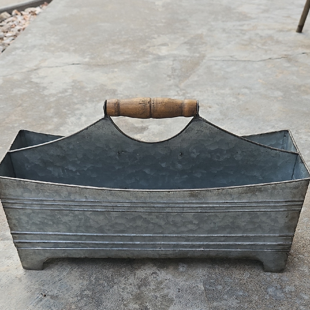 Galvanized Storage Bin with Wooden Handle